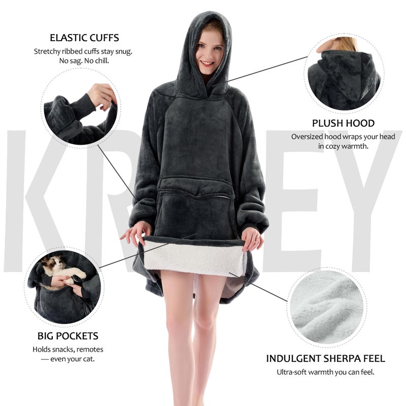 Krifey Wearable Blanket Hoodie, Oversized Sherpa Fleece Sweatshirt with Giant Pocket, Birthday Gifts for Women, Mom, Sister, Dark Gray - Image 4