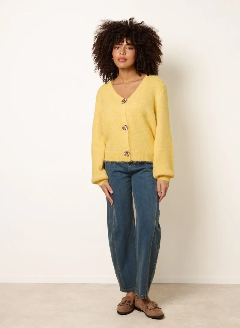 Blue Vanilla Gold Tone Flower Embossed Button Cardigan