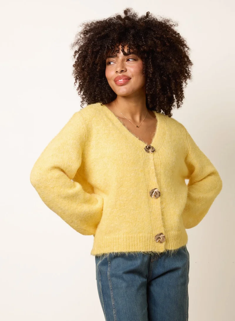 Blue Vanilla Gold Tone Flower Embossed Button Cardigan