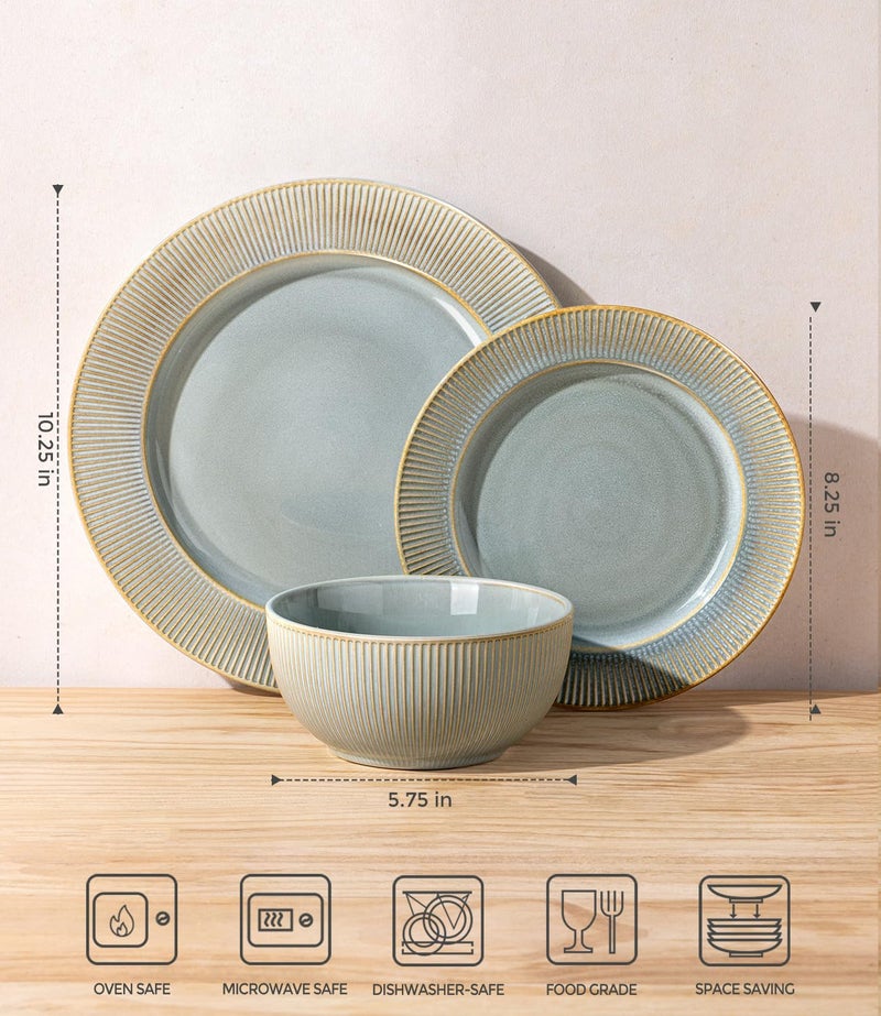 TheTerra Stoneware Dinnerware Sets for 4, 12 Pieces Ceramic Plates and Bowls Sets, Scratch Resistant Embossed Dish Set, Oven, Microwave & Dishwasher Safe, Desert Sage - Image 2
