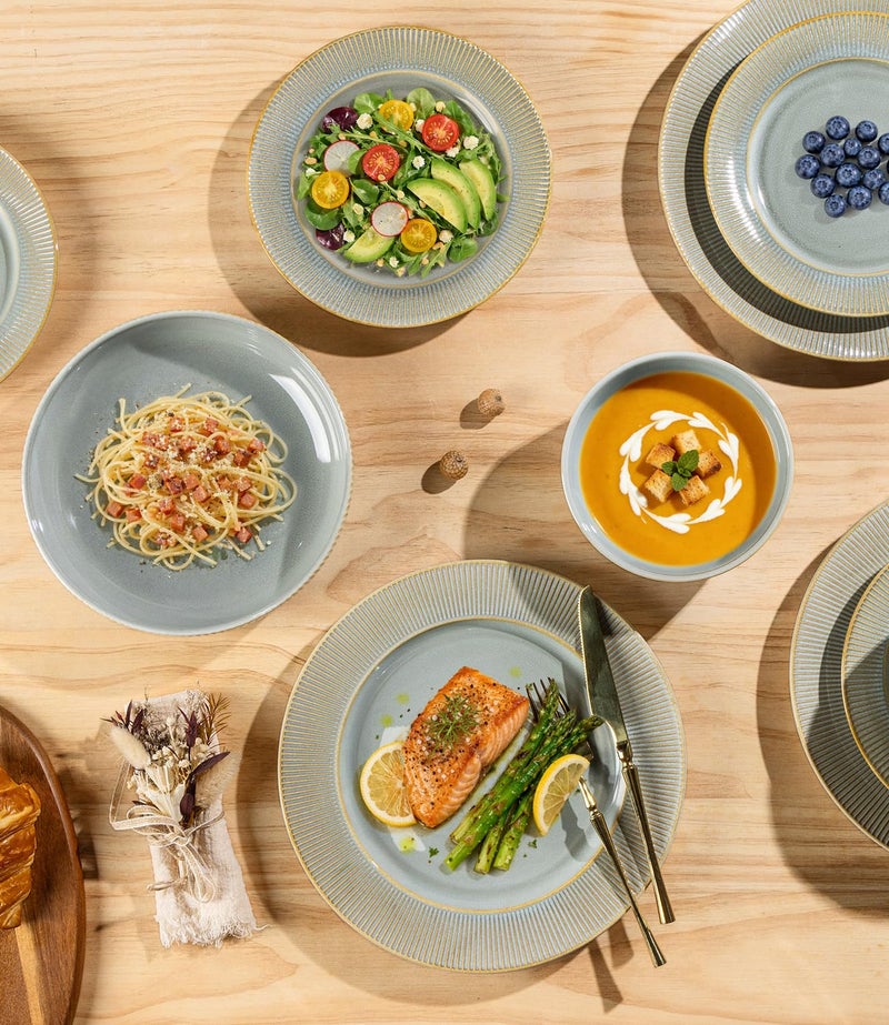 TheTerra Stoneware Dinnerware Sets for 4, 12 Pieces Ceramic Plates and Bowls Sets, Scratch Resistant Embossed Dish Set, Oven, Microwave & Dishwasher Safe, Desert Sage - Image 4