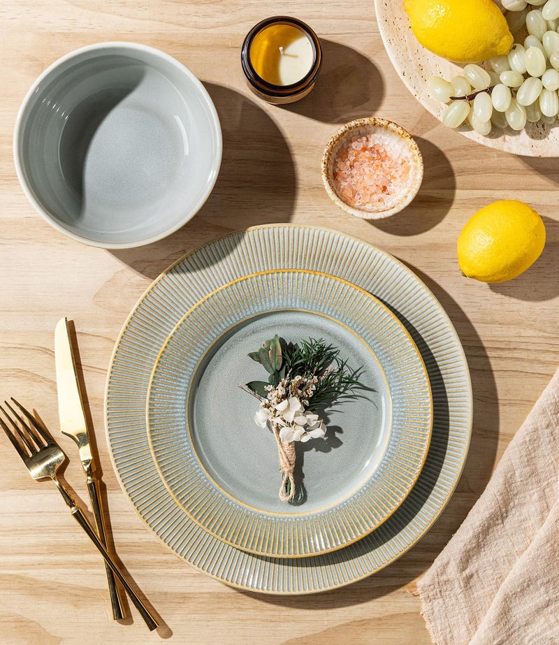 TheTerra Stoneware Dinnerware Sets for 4, 12 Pieces Ceramic Plates and Bowls Sets, Scratch Resistant Embossed Dish Set, Oven, Microwave & Dishwasher Safe, Desert Sage - Image 3