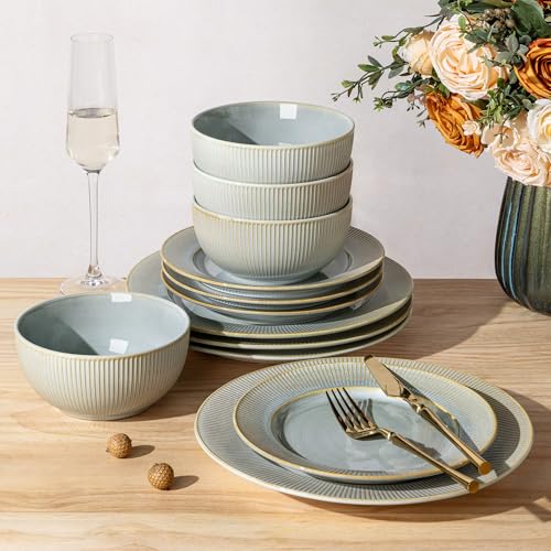TheTerra Stoneware Dinnerware Sets for 4, 12 Pieces Ceramic Plates and Bowls Sets, Scratch Resistant Embossed Dish Set, Oven, Microwave & Dishwasher Safe, Desert Sage - Image 1