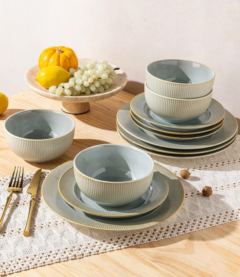 TheTerra Stoneware Dinnerware Sets for 4, 12 Pieces Ceramic Plates and Bowls Sets, Scratch Resistant Embossed Dish Set, Oven, Microwave & Dishwasher Safe, Desert Sage - Image 5