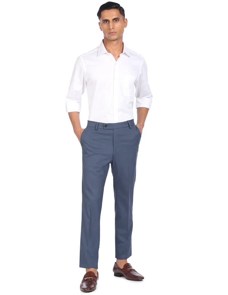Arrow Blue Flat Front Solid Formal Trousers for Men | Best Price UAE