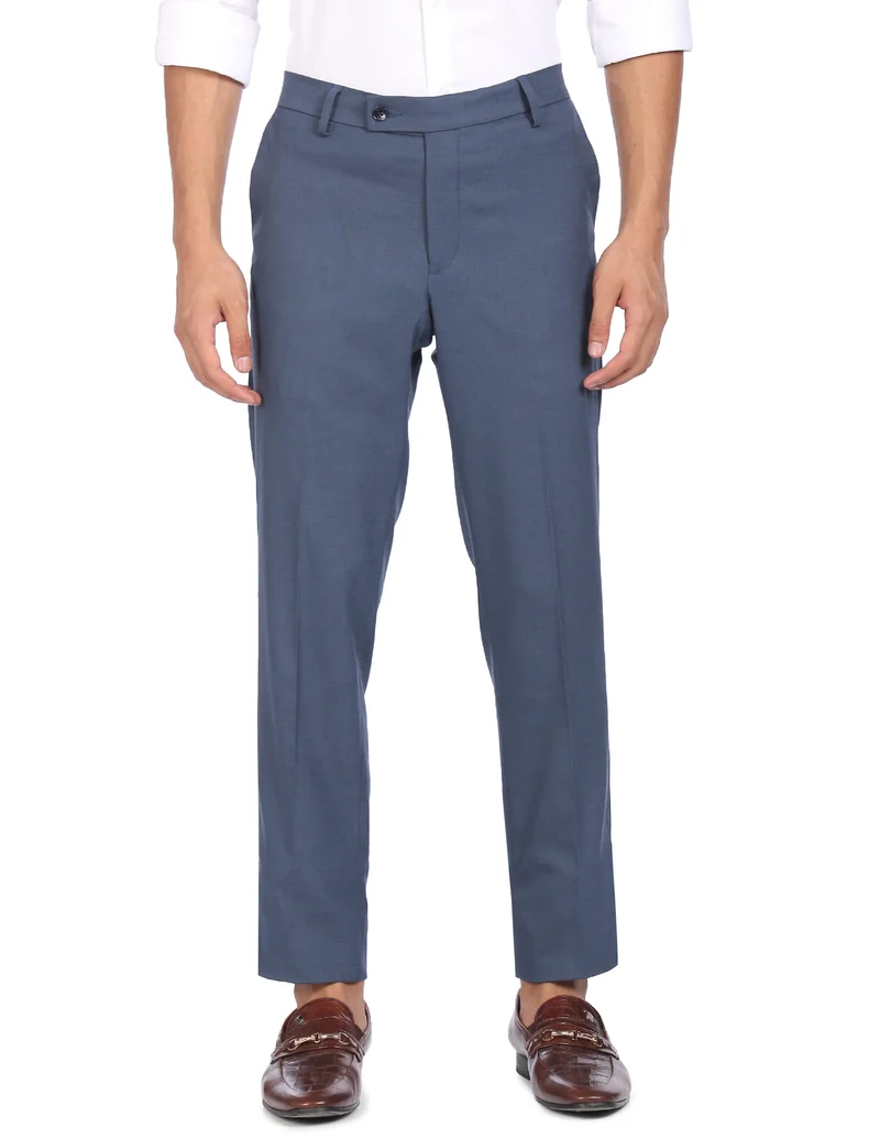 Arrow Blue Flat Front Solid Formal Trousers for Men | Best Price UAE