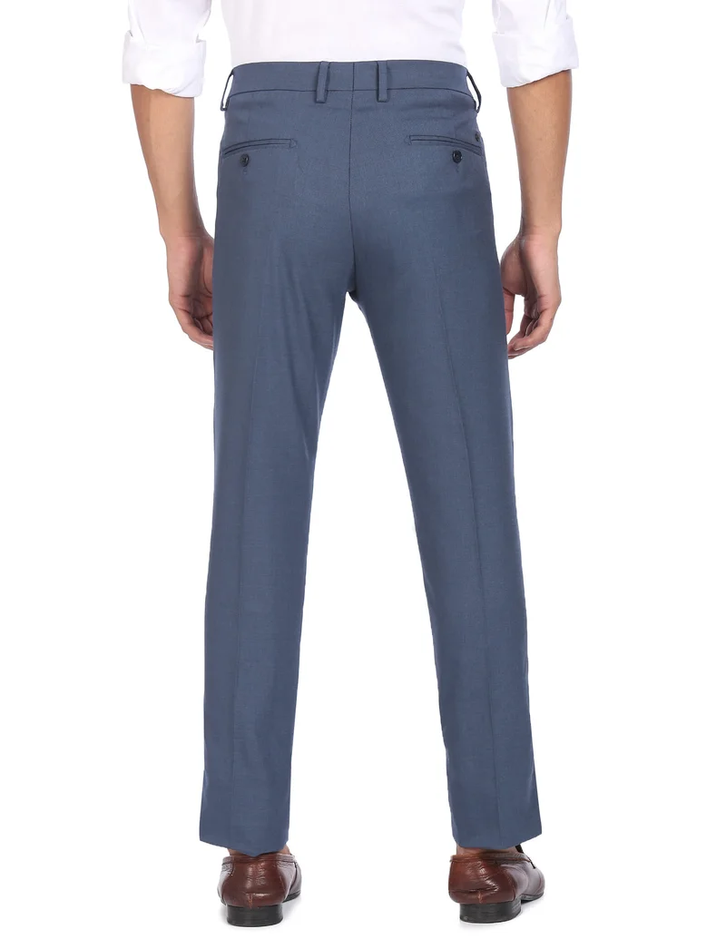 Arrow Blue Flat Front Solid Formal Trousers for Men | Best Price UAE