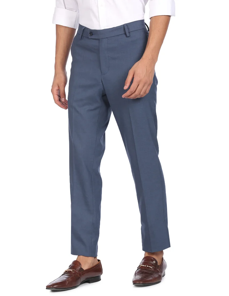 Arrow Blue Flat Front Solid Formal Trousers for Men | Best Price UAE