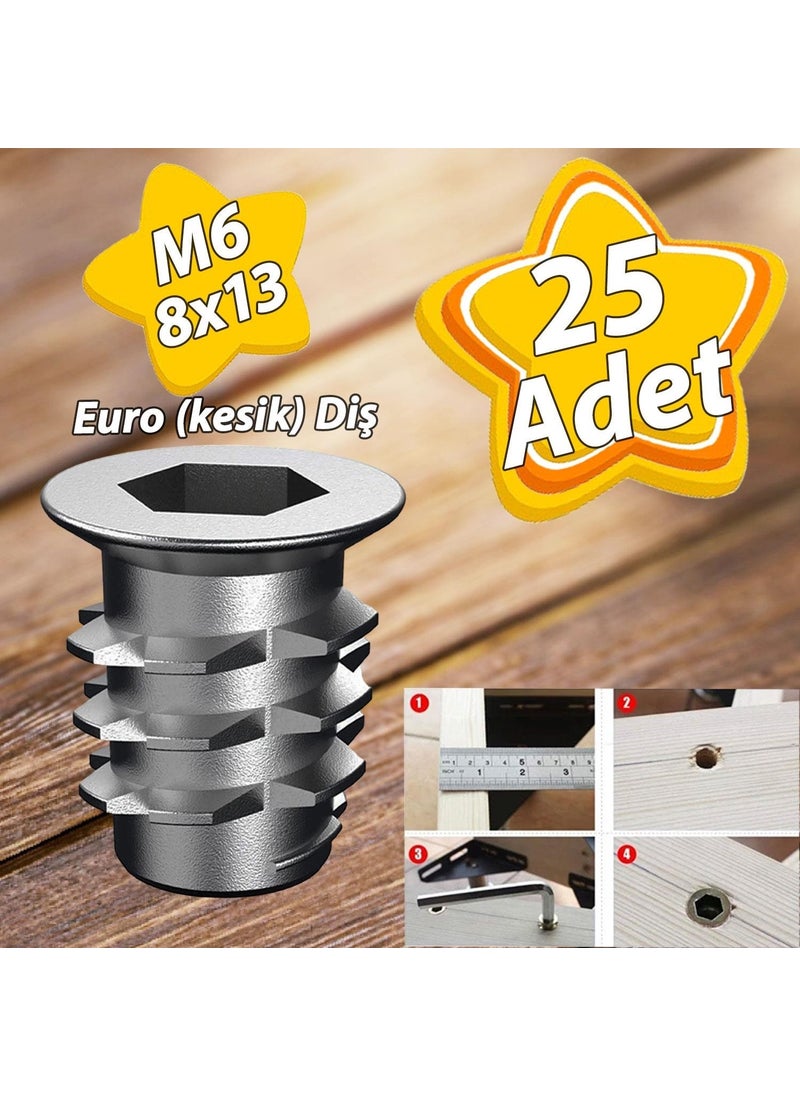 Glaswen Metal Euro Threaded Dowel Wood Dowel M6 8X13 Teeth Zinc Furniture Connection Unit Joining (25 Pieces)  - Image 1