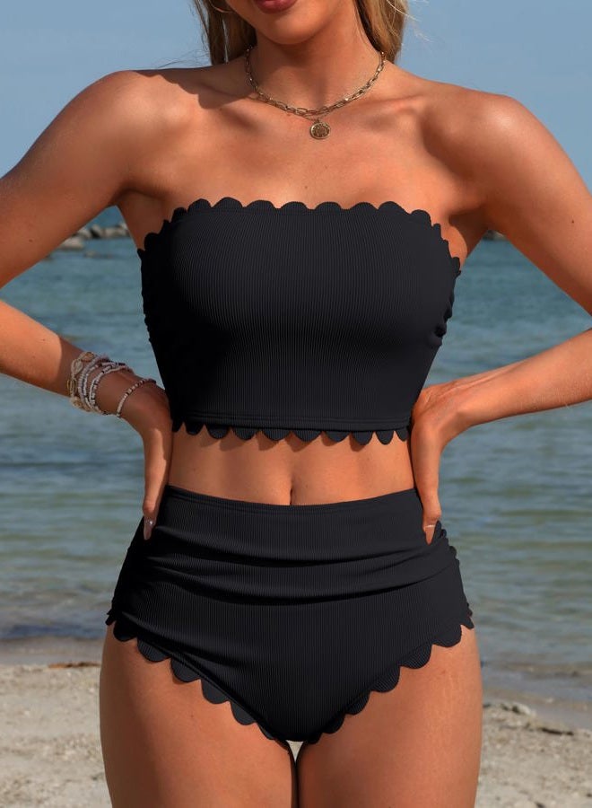 Charmo Strapless High Waisted Bikini Sets for Women Tummy Control Scallop Ribbed Bandeau Swimsuit Lace up Bathing Suits, Black, M - Image 3