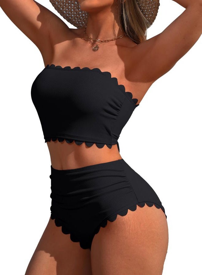 Charmo Strapless High Waisted Bikini Sets for Women Tummy Control Scallop Ribbed Bandeau Swimsuit Lace up Bathing Suits, Black, M - Image 1