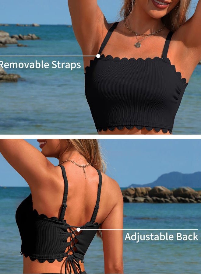 Charmo Strapless High Waisted Bikini Sets for Women Tummy Control Scallop Ribbed Bandeau Swimsuit Lace up Bathing Suits, Black, M - Image 4