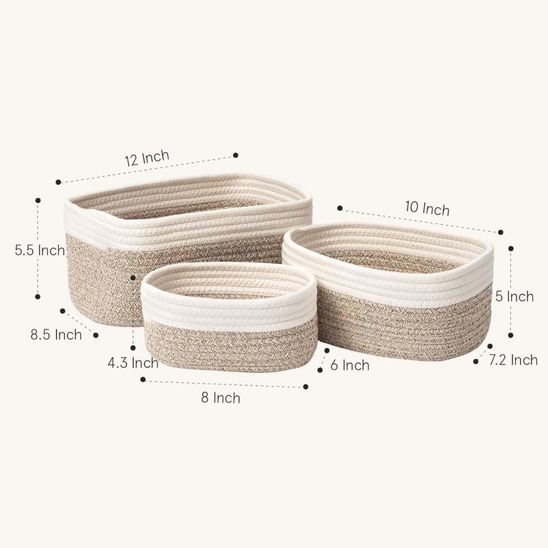 Antole Rope Storage Baskets for Organizing,Cotton Woven Basket for Bathroom Shelve Nursery,Laundry Basket Organizer Bins,Brown Woven Basket,Baby Basket,Rope Basket for Storage (Grey+White-3pcs) - Image 2