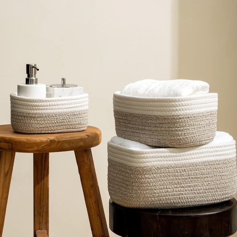 Antole Rope Storage Baskets for Organizing,Cotton Woven Basket for Bathroom Shelve Nursery,Laundry Basket Organizer Bins,Brown Woven Basket,Baby Basket,Rope Basket for Storage (Grey+White-3pcs) - Image 5