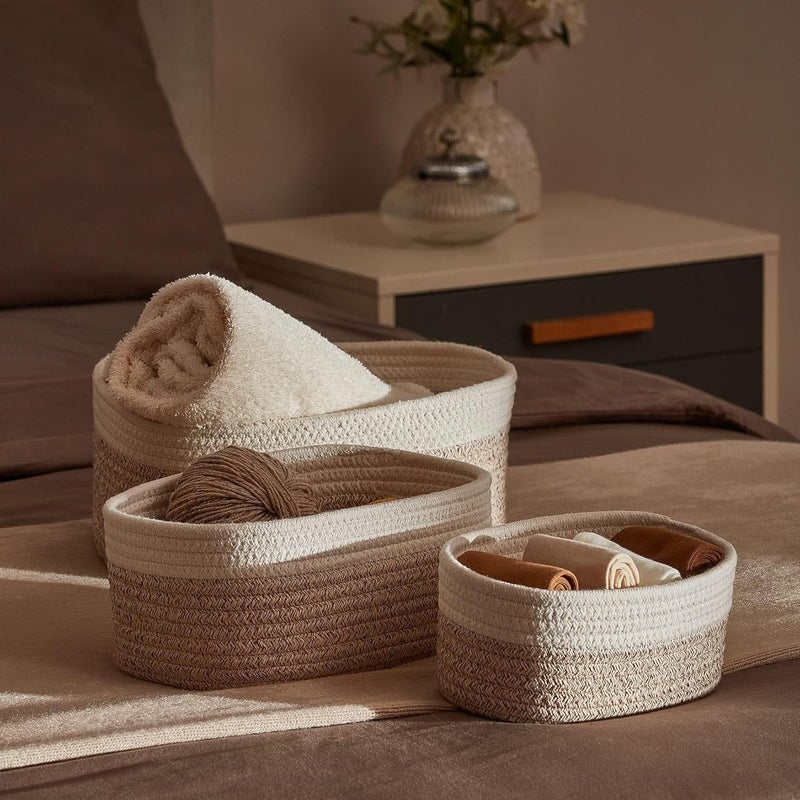 Antole Rope Storage Baskets for Organizing,Cotton Woven Basket for Bathroom Shelve Nursery,Laundry Basket Organizer Bins,Brown Woven Basket,Baby Basket,Rope Basket for Storage (Grey+White-3pcs) - Image 4