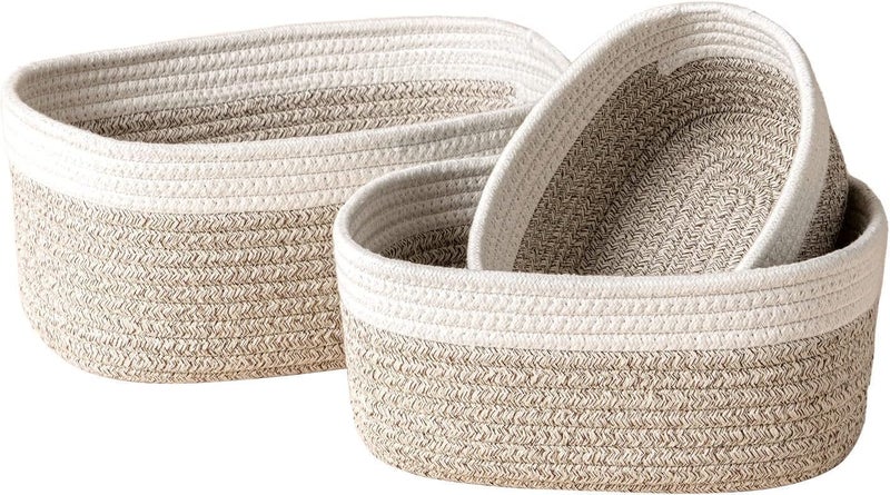 Antole Rope Storage Baskets for Organizing,Cotton Woven Basket for Bathroom Shelve Nursery,Laundry Basket Organizer Bins,Brown Woven Basket,Baby Basket,Rope Basket for Storage (Grey+White-3pcs) - Image 1