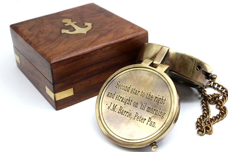 OCEAN REPLICAS Second Star to The Right J. M. Barrie, Peter Pan Engraved Brass Compass for Anniversary, Birthday, Graduation Day, Confirmation Gift, Valentine Gift Parting Gift with Wooden Case. - Image 2