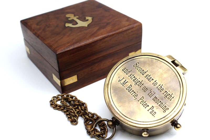 OCEAN REPLICAS Second Star to The Right J. M. Barrie, Peter Pan Engraved Brass Compass for Anniversary, Birthday, Graduation Day, Confirmation Gift, Valentine Gift Parting Gift with Wooden Case. - Image 5