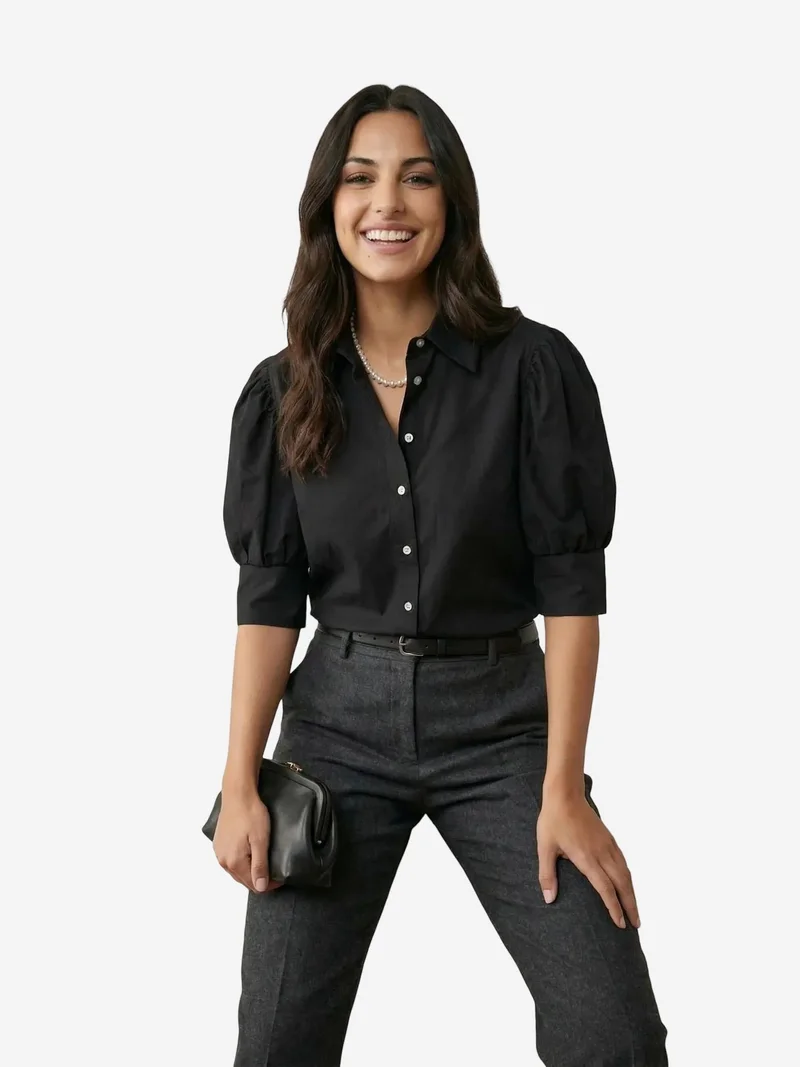 My Fashion Black MY FASHION Buttoned Poplin Shirt with Shirt Collar for Women | Best Price UAE