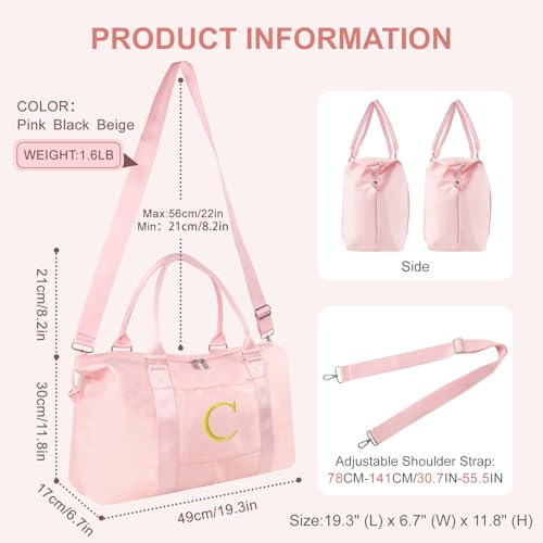 Iqimott Personalized Initial Gym Dance Bag Travel Duffel Bag for Teen Girls Carry On Bag Overnight Weekender Bag with Trolley Sleeve Birthday Gifts for Women Mom Daughter Graduation GiftLetter C Pink - Image 3