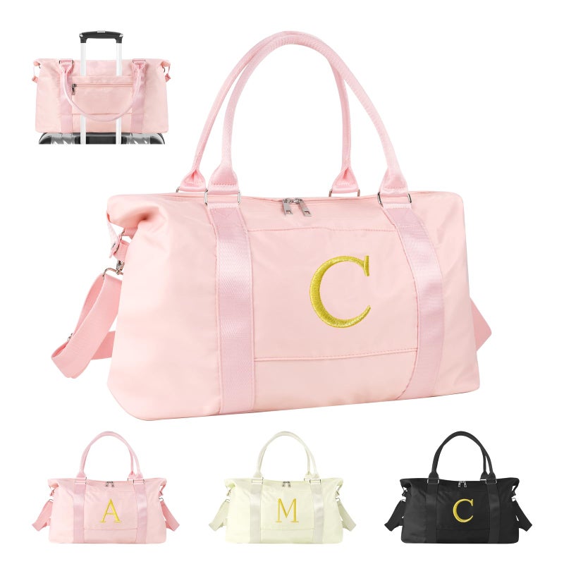 Iqimott Personalized Initial Gym Dance Bag Travel Duffel Bag for Teen Girls Carry On Bag Overnight Weekender Bag with Trolley Sleeve Birthday Gifts for Women Mom Daughter Graduation GiftLetter C Pink - Image 2