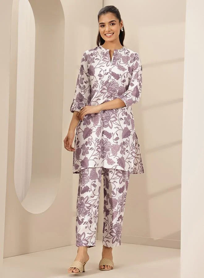 Libas Off White Printed Cotton Blend Top And Pants Co-Ords
