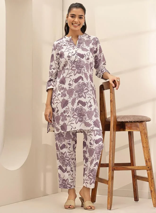 Libas Off White Printed Cotton Blend Top And Pants Co-Ords
