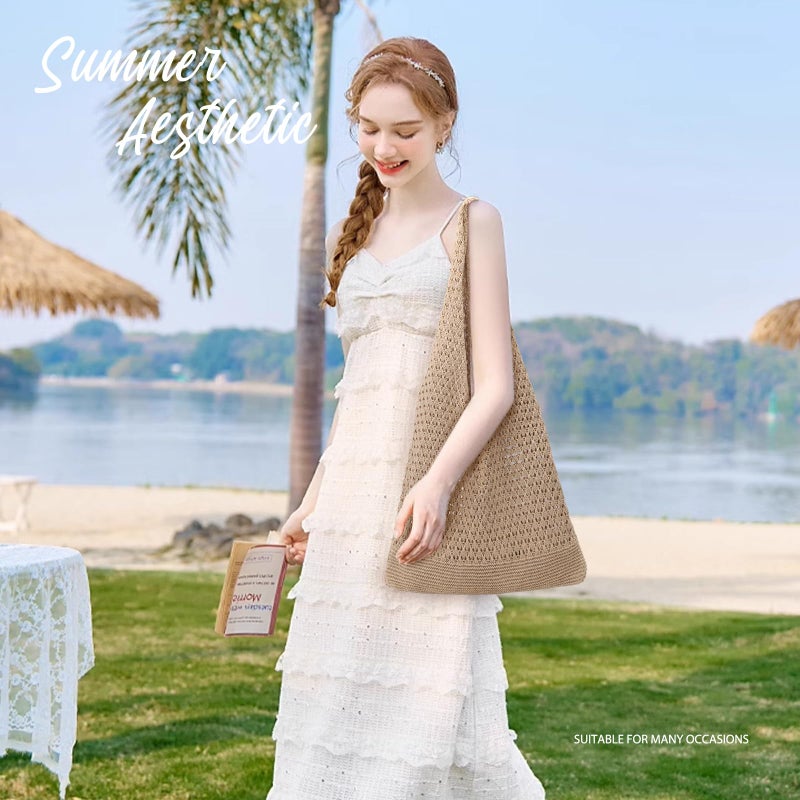 hatisan Crochet Bags for Women Summer Beach Tote Bag Aesthetic Tote Bag Hippie Bag Knit Bag (Khaki) - Image 4