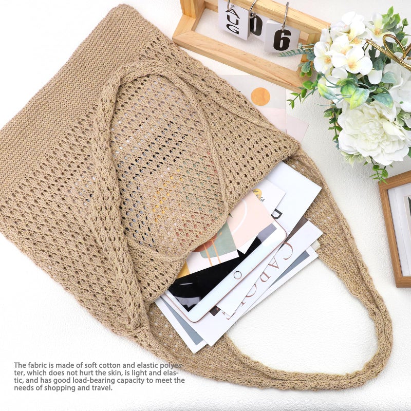 hatisan Crochet Bags for Women Summer Beach Tote Bag Aesthetic Tote Bag Hippie Bag Knit Bag (Khaki) - Image 3
