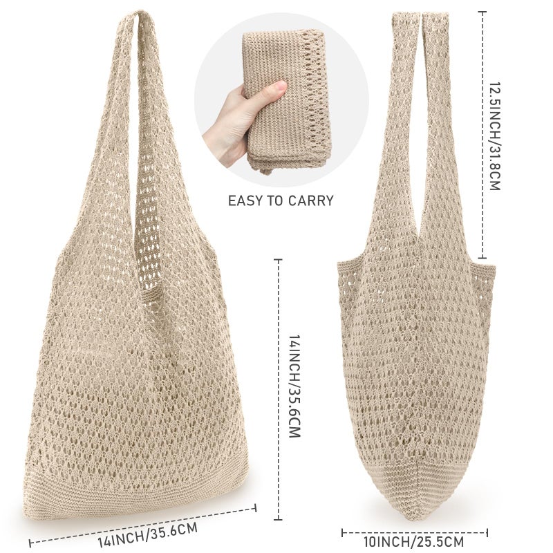 hatisan Crochet Bags for Women Summer Beach Tote Bag Aesthetic Tote Bag Hippie Bag Knit Bag (Khaki) - Image 2