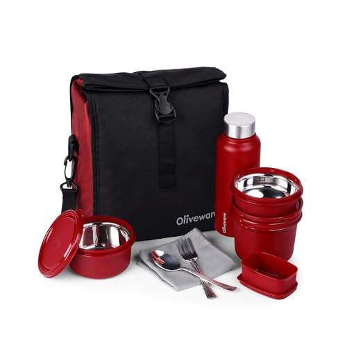 SOPL-OLIVEWARE Teso Elite Pro Lunch Box with Steel Cutlery, BPA Free Lids,Microwave Safe,Inside Steel Containers(290ml, 450ml & 600ml),Plastic Pickle Box (130ml),Steel Water Bottle(750ml) -Mahroon - Image 1