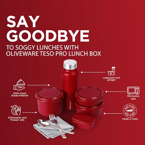 SOPL-OLIVEWARE Teso Elite Pro Lunch Box with Steel Cutlery, BPA Free Lids,Microwave Safe,Inside Steel Containers(290ml, 450ml & 600ml),Plastic Pickle Box (130ml),Steel Water Bottle(750ml) -Mahroon - Image 2