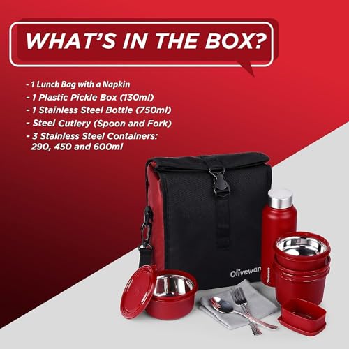 SOPL-OLIVEWARE Teso Elite Pro Lunch Box with Steel Cutlery, BPA Free Lids,Microwave Safe,Inside Steel Containers(290ml, 450ml & 600ml),Plastic Pickle Box (130ml),Steel Water Bottle(750ml) -Mahroon - Image 4