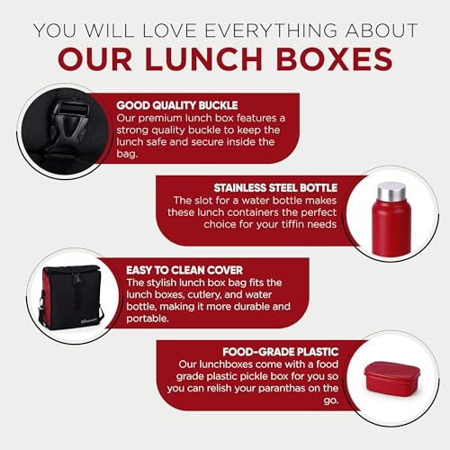 SOPL-OLIVEWARE Teso Elite Pro Lunch Box with Steel Cutlery, BPA Free Lids,Microwave Safe,Inside Steel Containers(290ml, 450ml & 600ml),Plastic Pickle Box (130ml),Steel Water Bottle(750ml) -Mahroon - Image 3