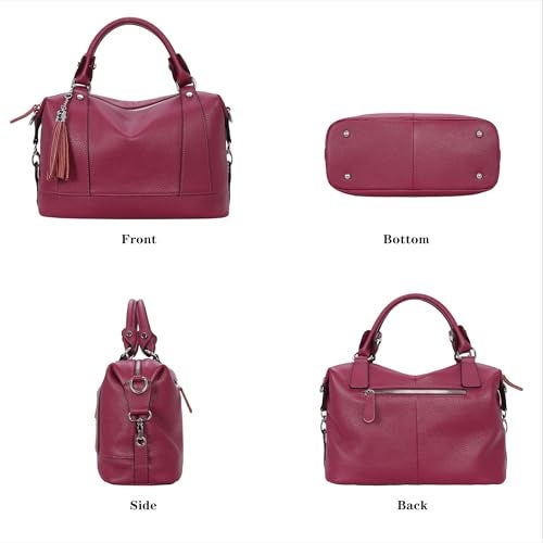 HESHE Genuine Leather Purses Women’s Shoulder Handbags Satchel Bags Zippered Ladies Cross Body Bag Tote Top-handle Hand Bag Designer Hobo Bags (Purple Red) - Image 4
