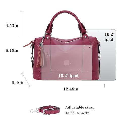 HESHE Genuine Leather Purses Women’s Shoulder Handbags Satchel Bags Zippered Ladies Cross Body Bag Tote Top-handle Hand Bag Designer Hobo Bags (Purple Red) - Image 3