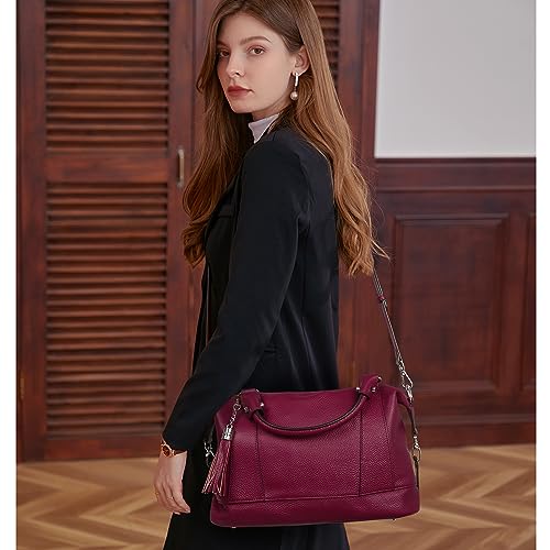 HESHE Genuine Leather Purses Women’s Shoulder Handbags Satchel Bags Zippered Ladies Cross Body Bag Tote Top-handle Hand Bag Designer Hobo Bags (Purple Red) - Image 2