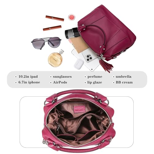 HESHE Genuine Leather Purses Women’s Shoulder Handbags Satchel Bags Zippered Ladies Cross Body Bag Tote Top-handle Hand Bag Designer Hobo Bags (Purple Red) - Image 5