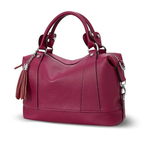 HESHE Genuine Leather Purses Women’s Shoulder Handbags Satchel Bags Zippered Ladies Cross Body Bag Tote Top-handle Hand Bag Designer Hobo Bags (Purple Red) - Image 1