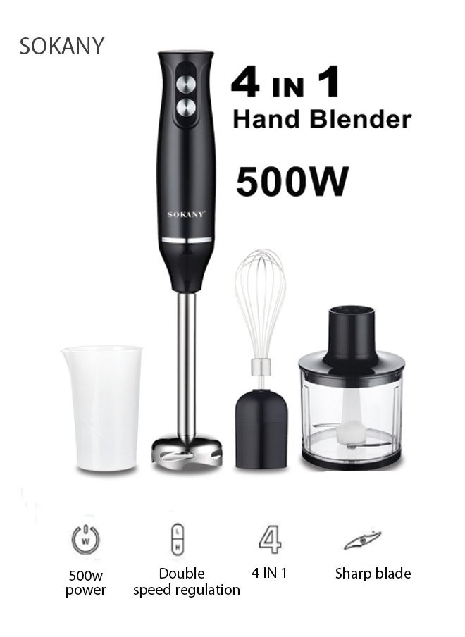 sokany Hand Blender With Chopper and Whisk 4-IN-1, Electric Mixer Hand Blender Set, Multifunctional Portable Electric Blender, Plastic/Stainless Steel, 500W 1000ml WK-1710-4 Black  - Image 1