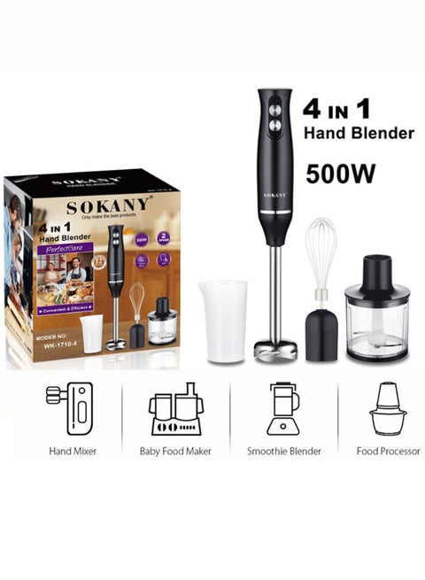 Hand Blender With Chopper and Whisk 4-IN-1, Electric Mixer Hand Blender Set, Multifunctional Portable Electric Blender, Plastic/Stainless Steel, 500W 1000ml WK-1710-4 Black