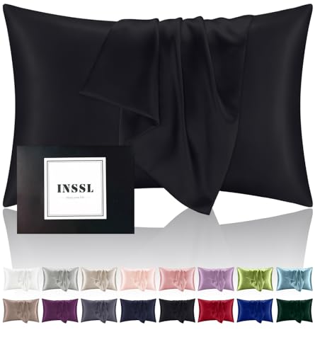 INSSL Silk Pillowcase f Women, Mulberry Silk Pillowcase for Hair and Skin and Stay Comfortable and Breathable During Sleep(Black,Standard) - Image 1