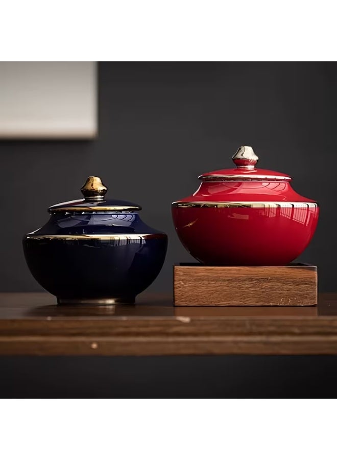 إيروريكس علب تيفن سيراميك دائرية أنيقة – باللونين الأحمر والأزرق الداكن مع مقابض ذهبية وأغطية قابلة للفتح، مثالية لديكور المنزل وزينة المكاتب، تيفن ديكور منزلي | تيفن سيراميك عصري | تيفن سيراميك متين - Image 4