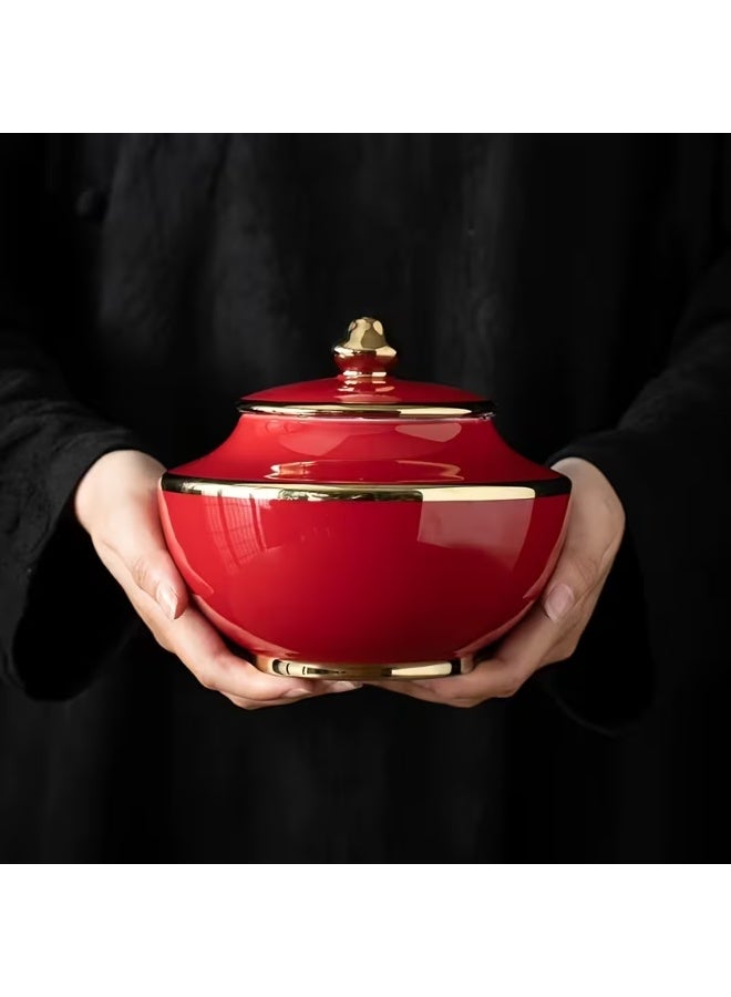 إيروريكس علب تيفن سيراميك دائرية أنيقة – باللونين الأحمر والأزرق الداكن مع مقابض ذهبية وأغطية قابلة للفتح، مثالية لديكور المنزل وزينة المكاتب، تيفن ديكور منزلي | تيفن سيراميك عصري | تيفن سيراميك متين - Image 1