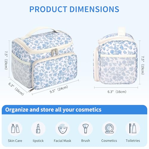 CUBETASTIC Travel Makeup Bag, Floral Make Up Bag with Brush Compartment, Vertical Storage Toiletry Bag with Partitions, Large Make Up Pouch for Women, Portable Makeup Case with Multi-Pockets - Image 4