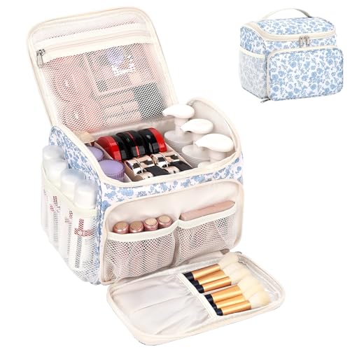 CUBETASTIC Travel Makeup Bag, Floral Make Up Bag with Brush Compartment, Vertical Storage Toiletry Bag with Partitions, Large Make Up Pouch for Women, Portable Makeup Case with Multi-Pockets - Image 1