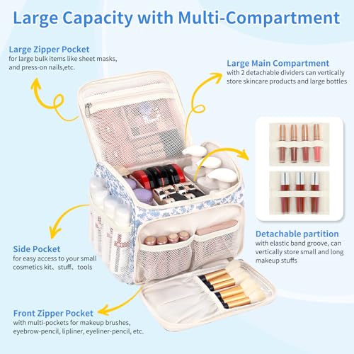 CUBETASTIC Travel Makeup Bag, Floral Make Up Bag with Brush Compartment, Vertical Storage Toiletry Bag with Partitions, Large Make Up Pouch for Women, Portable Makeup Case with Multi-Pockets - Image 2