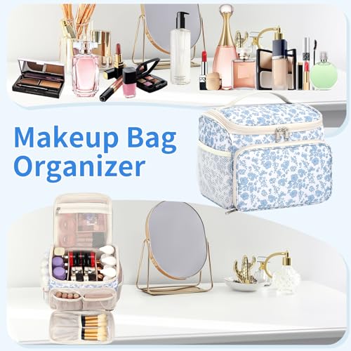 CUBETASTIC Travel Makeup Bag, Floral Make Up Bag with Brush Compartment, Vertical Storage Toiletry Bag with Partitions, Large Make Up Pouch for Women, Portable Makeup Case with Multi-Pockets - Image 3