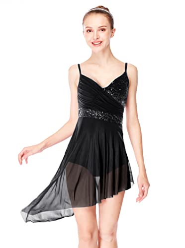 ELLYDOOR Women Lyrical Modern Ballet Dress Camisole Skirted Leotard Asymmetrical Tulle Dance Costume Medium Black - Image 1