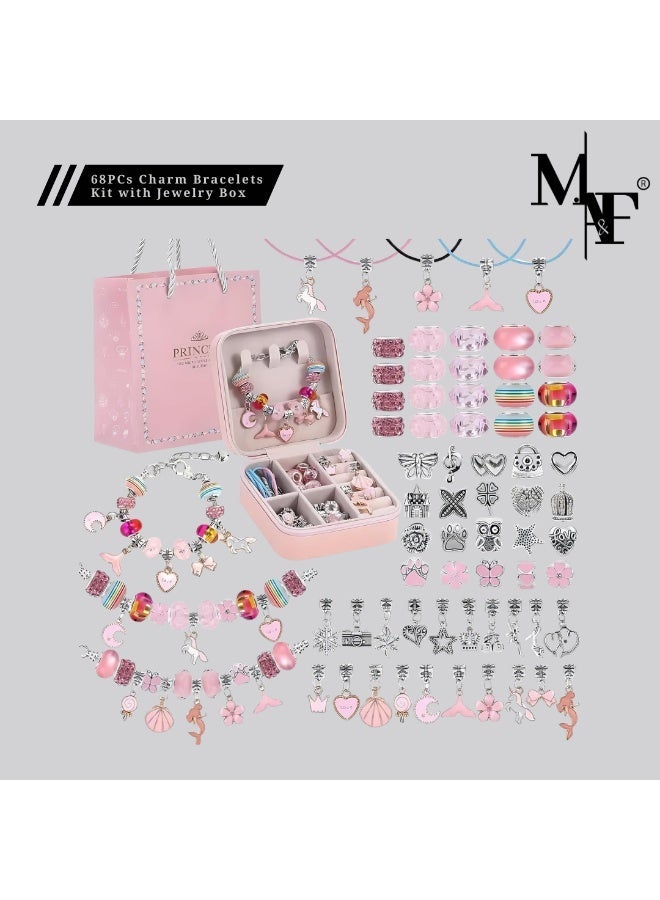 M.A&F's Bracelet Making Kit for Girls,68PCs Charm Bracelets Kit with Jewelry Box, Jewelry Charms, Bracelets for DIY Craft, Bracelet Gift for Adults and Kids，Present For 3-12 Year Old Girl (pink) - Image 1